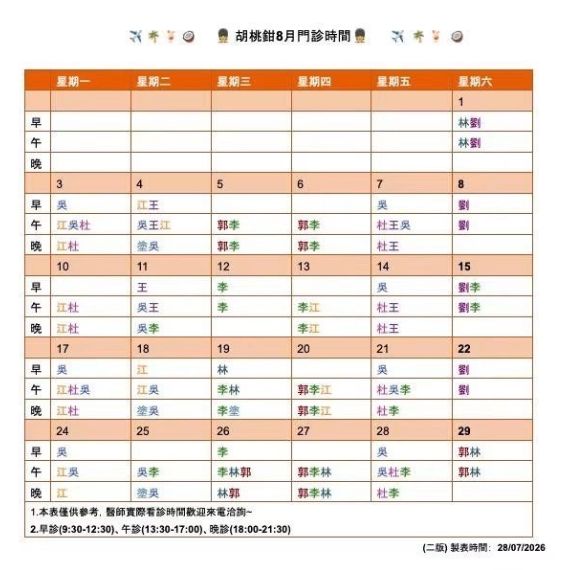 胡桃鉗牙醫診所2026年08月門診時間