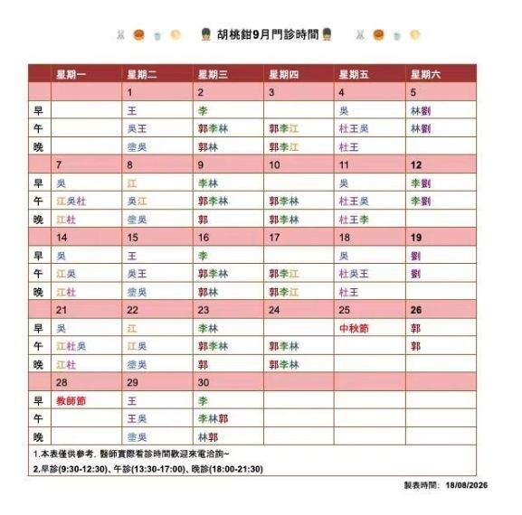 胡桃鉗牙醫診所2026年08月門診時間
